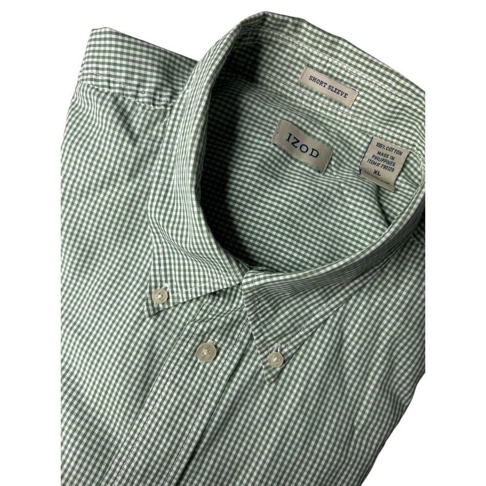 IZOD Men's XL Short Sleeve Green & White Check Cotton Button up Shirt
